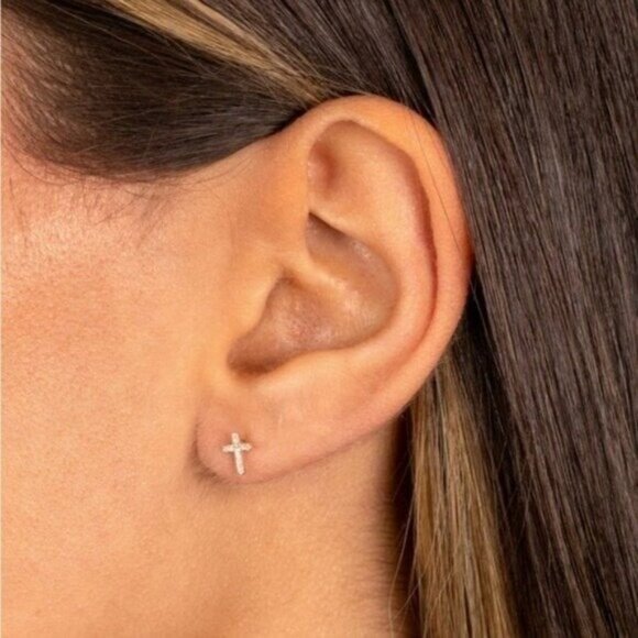 Dainty Cross Stud Earrings Pave CZ "Diamonds" Cross Studs Faith Jewelry Gift - Picture 8 of 12